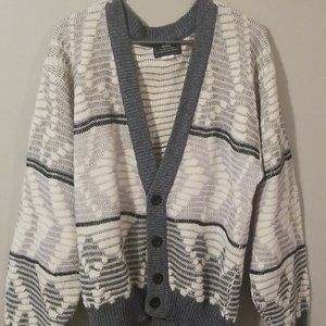 Vintage Sears Mens Wool Blend Cream & Gray Grandpa Cardigan Sweater Cobain Style